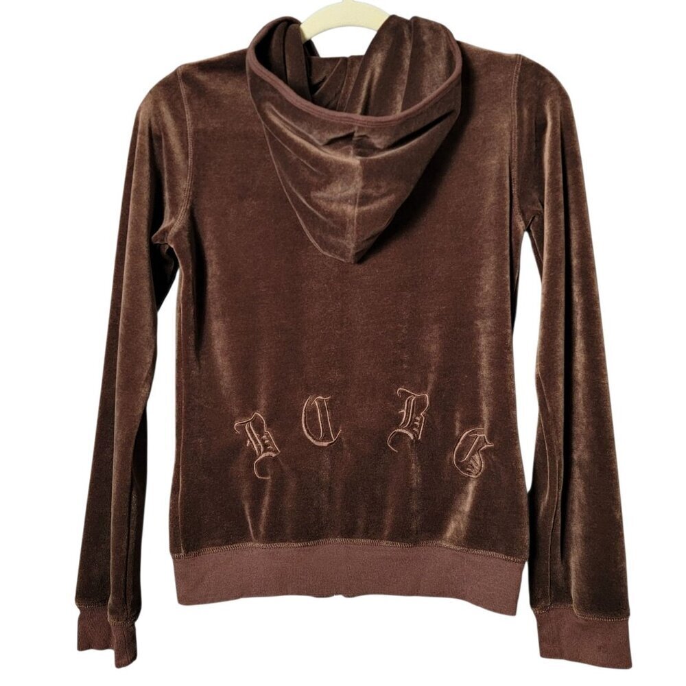 BCBG Maxazria Womens Brown Y2K Velour Gothic Embroidered Spellout Jacket Small